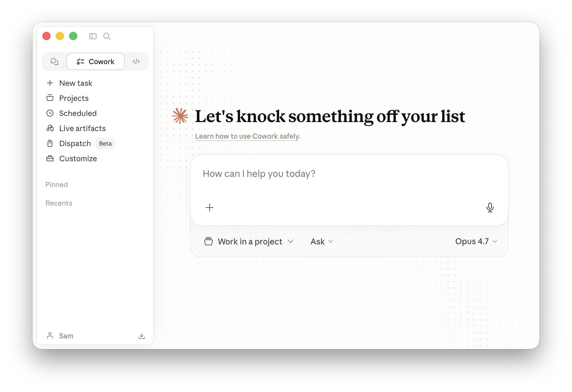 The Claude desktop app showing the mode switcher and sidebar