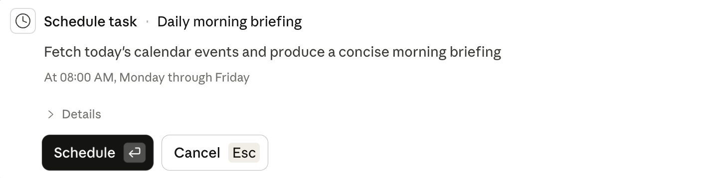 The scheduled tasks panel in Claude